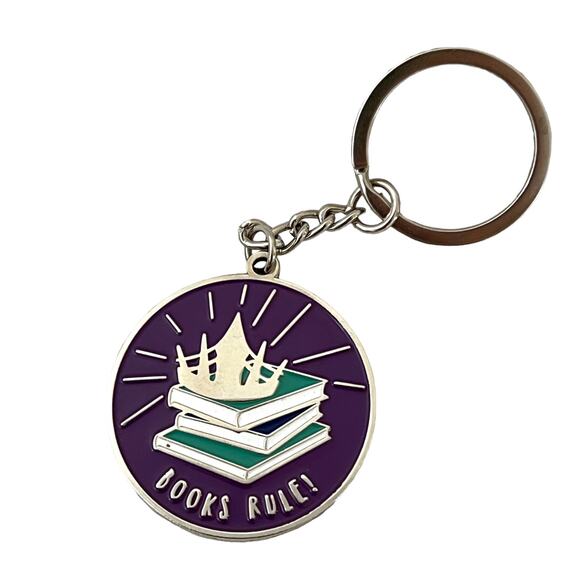 Books Rule! Keychain - Circular Pendant Stack of Books Crown - Picture 1 of 10